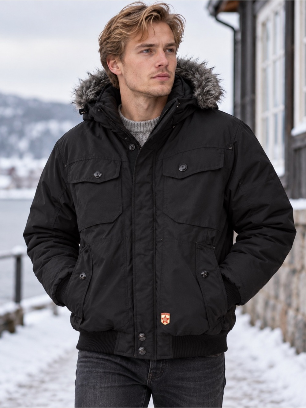 Men's Size Medium Black Hooded Winter Bomber Jacket with Faux Fur Trim